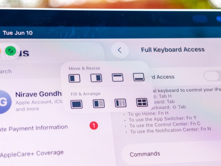iPadOS 26 preset window management options for quick app arrangement on an iPad Pro M4.