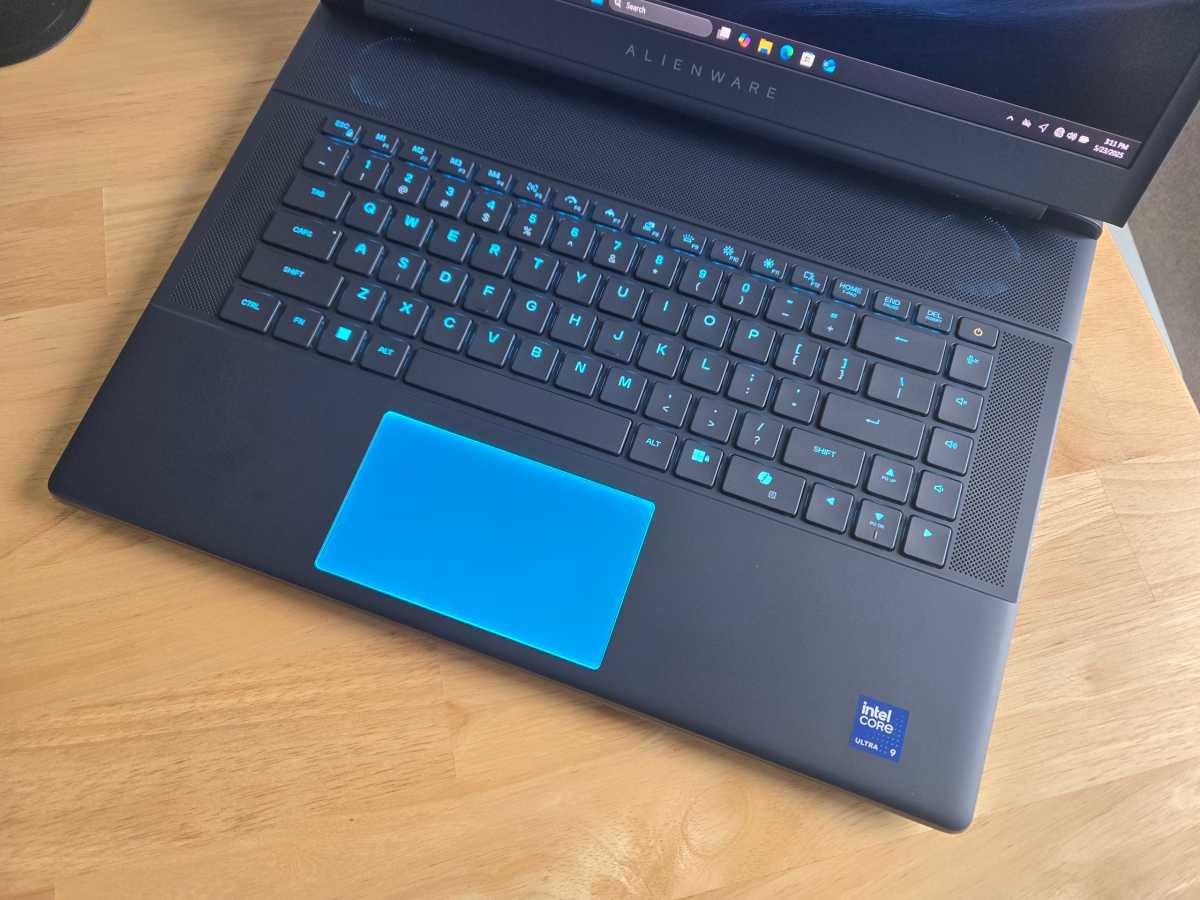 Close-up of the Alienware 16 Area-51's Cherry MX ultra low-profile mechanical keyboard with per-key RGB backlighting.