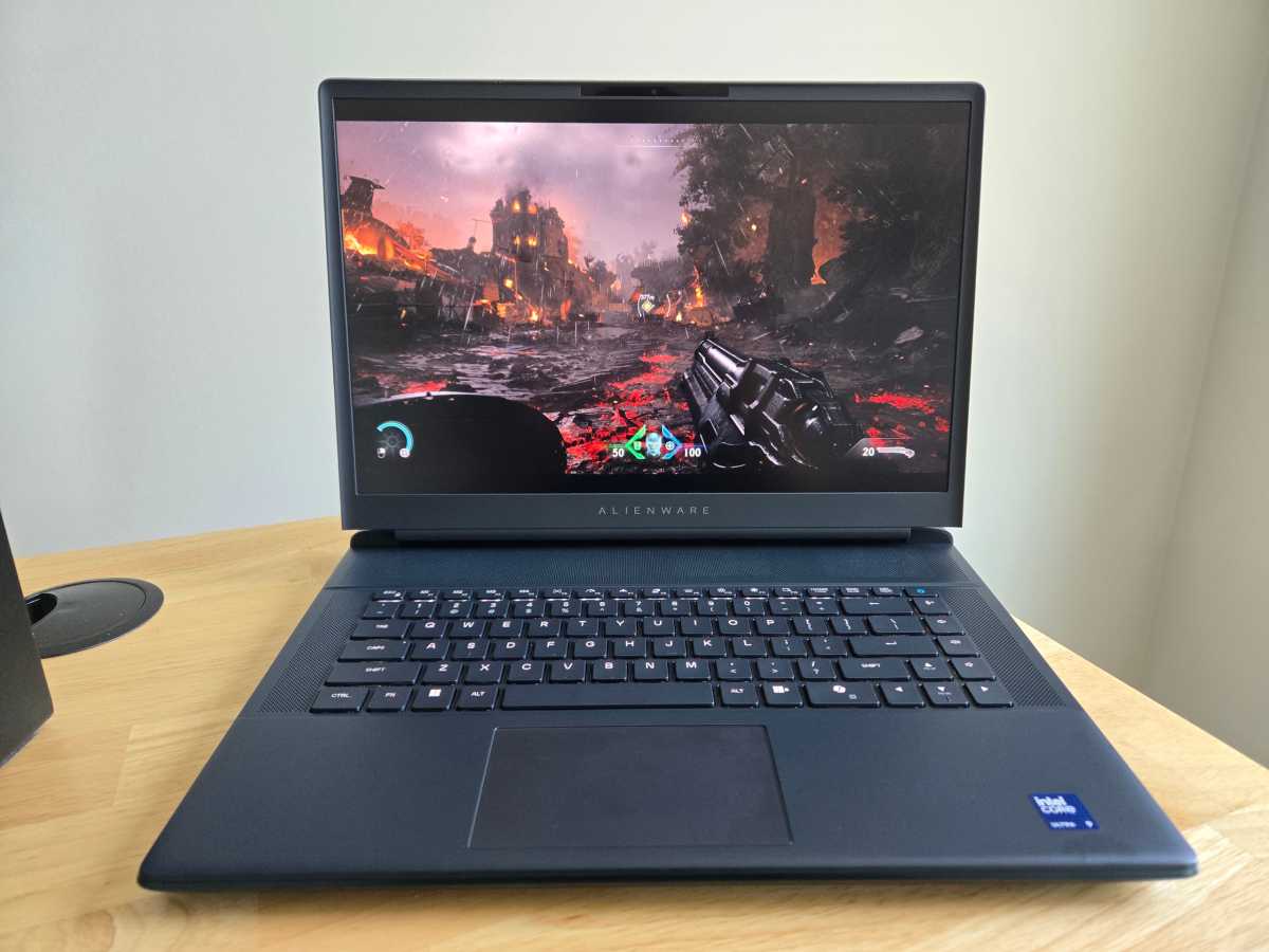 Alienware 16 Area-51 displaying Doom: The Dark Ages on its QHD+ 240Hz screen, showcasing vibrant gameplay.