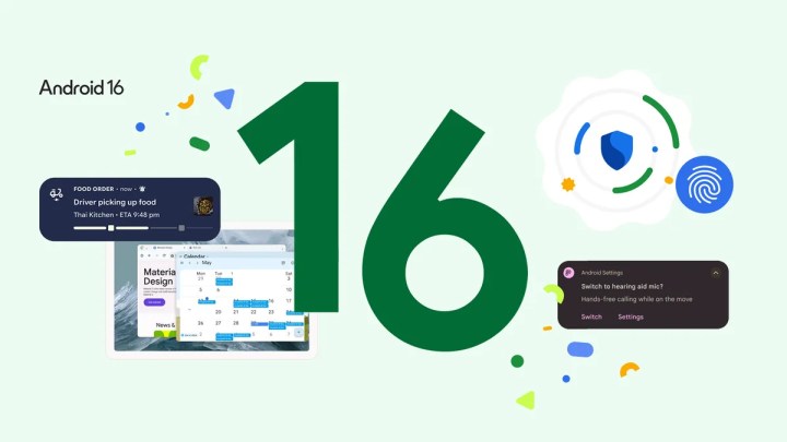 Android 16 logo surrounded by various app and feature icons representing its new functionalities.