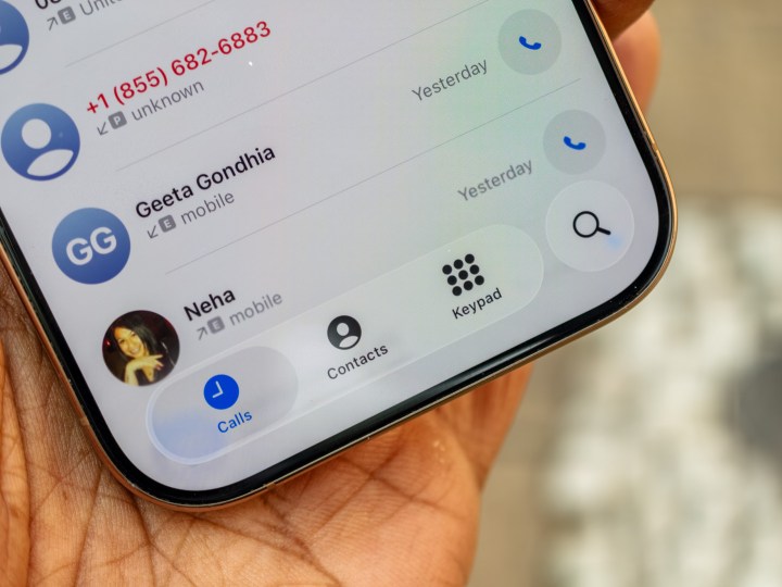 iOS 26 beta's redesigned unified Phone app dialer on iPhone, merging call log, missed calls, and voicemails for a streamlined experience.