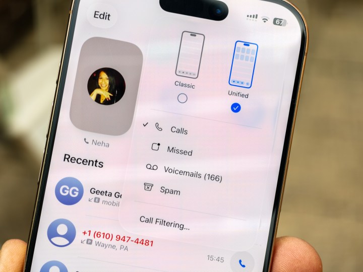 Customization settings for the new dialer in iOS 26 beta, offering users options to adjust the unified calling interface.