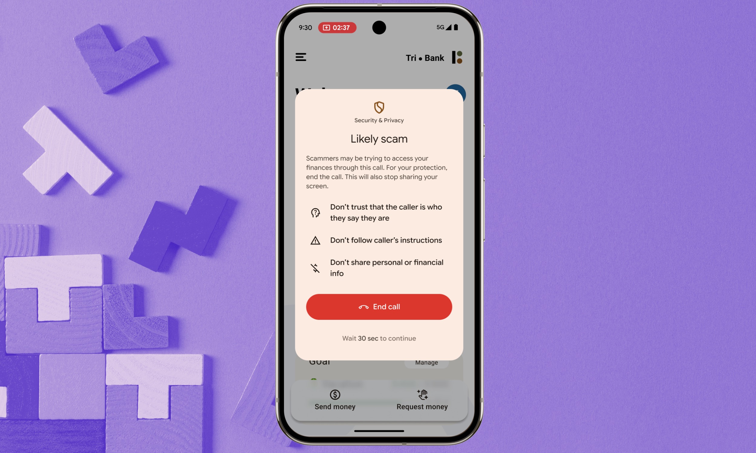 Android 16 displaying an on-screen warning for a potential call scam detected by AI.