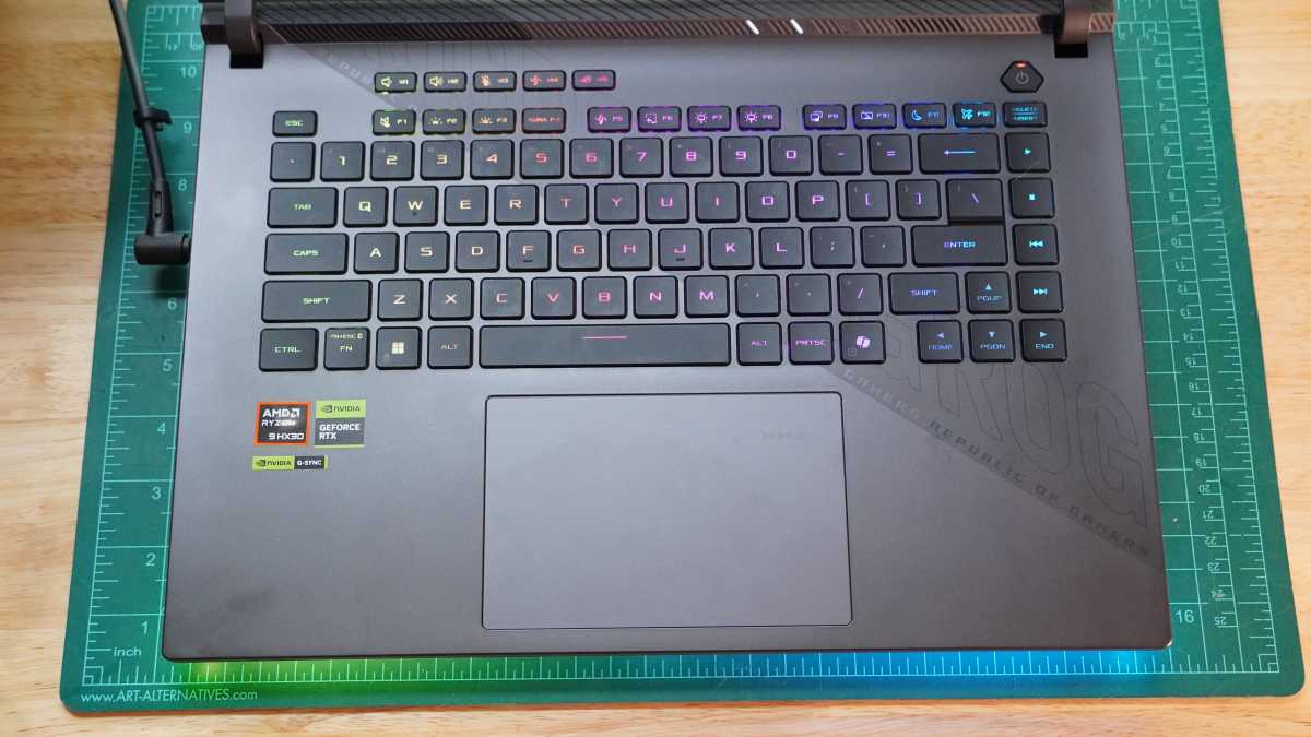 Close-up of the Asus ROG Strix G16 keyboard highlighting key layout and backlighting