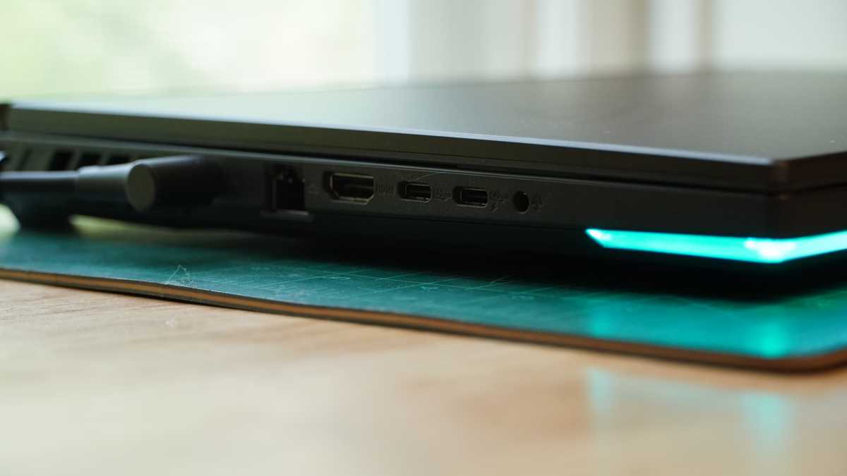 Side view of the Asus ROG Strix G16 showcasing its array of connectivity ports