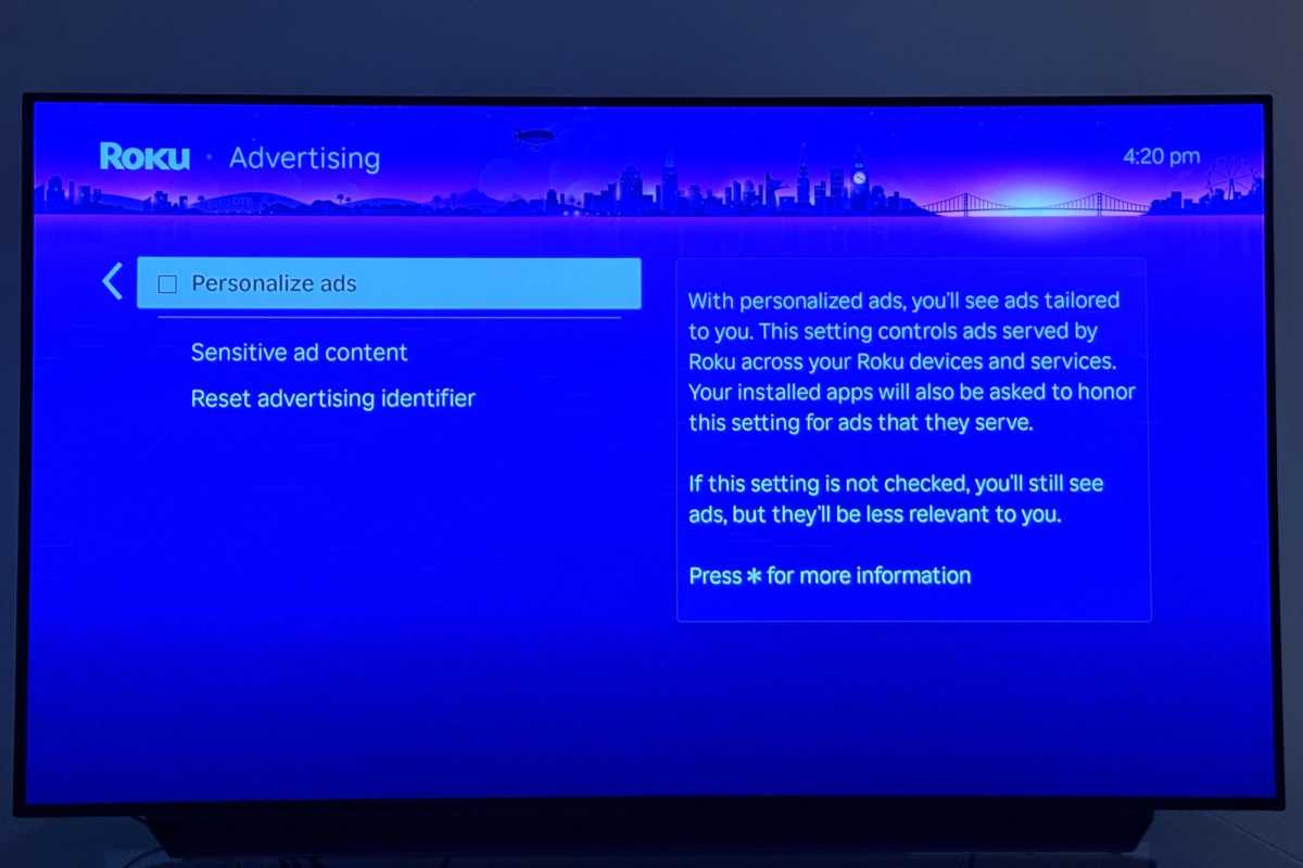 Roku advertising settings screen showing the 'Personalize ads' checkbox, a key Roku privacy setting to limit ad tracking.
