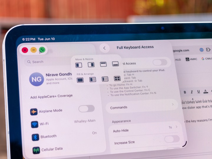 iPadOS 26 on iPad Pro M4 demonstrating preset window management options for enhanced multitasking.