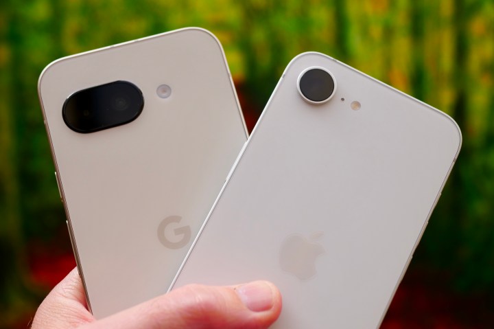 Side-by-side comparison of the Google Pixel 9a (left) and the Apple iPhone 16e (right).