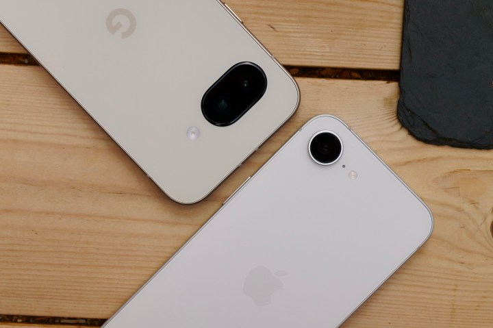 The Google Pixel 9a (left) alongside the Apple iPhone 16e, showing their respective designs.