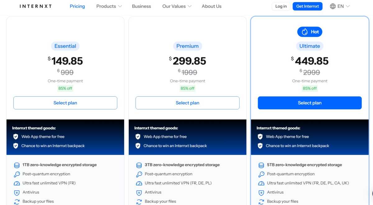 Internxt's current lifetime cloud storage pricing plans displayed, highlighting affordable options for 2TB, 5TB, and 10TB.