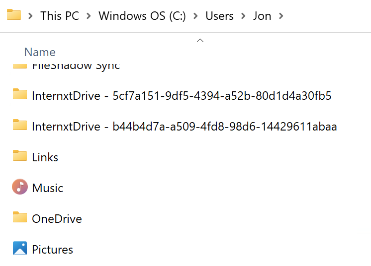 Windows File Explorer showing Internxt Drive's local sync folder with a long, hashed name.