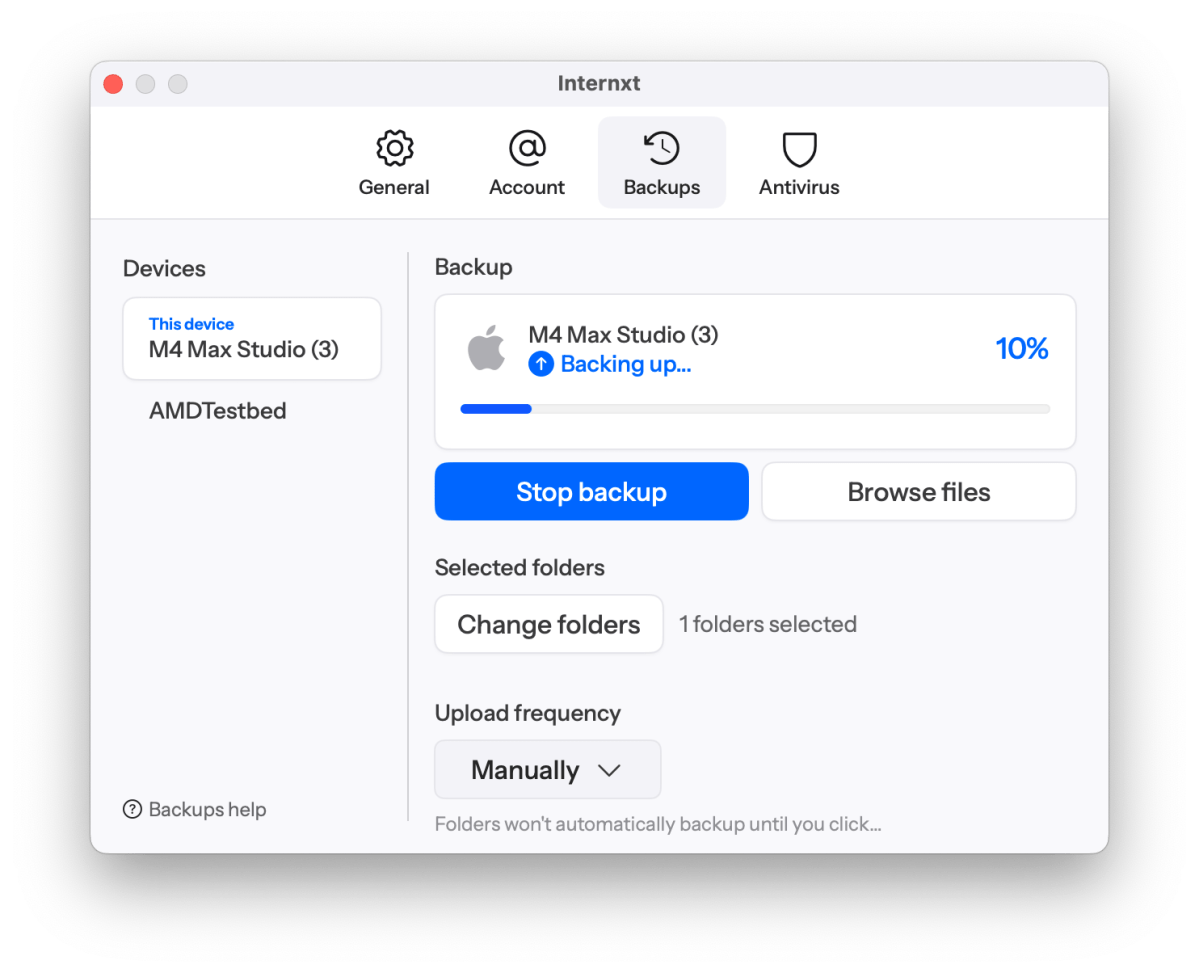 Internxt Drive's Mac client interface displaying backup status and activity log information.