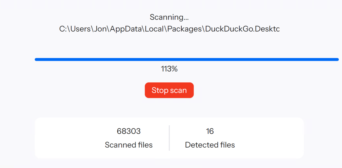 Internxt Drive's antivirus scan results on Windows, humorously showing a scan progress of 113%.