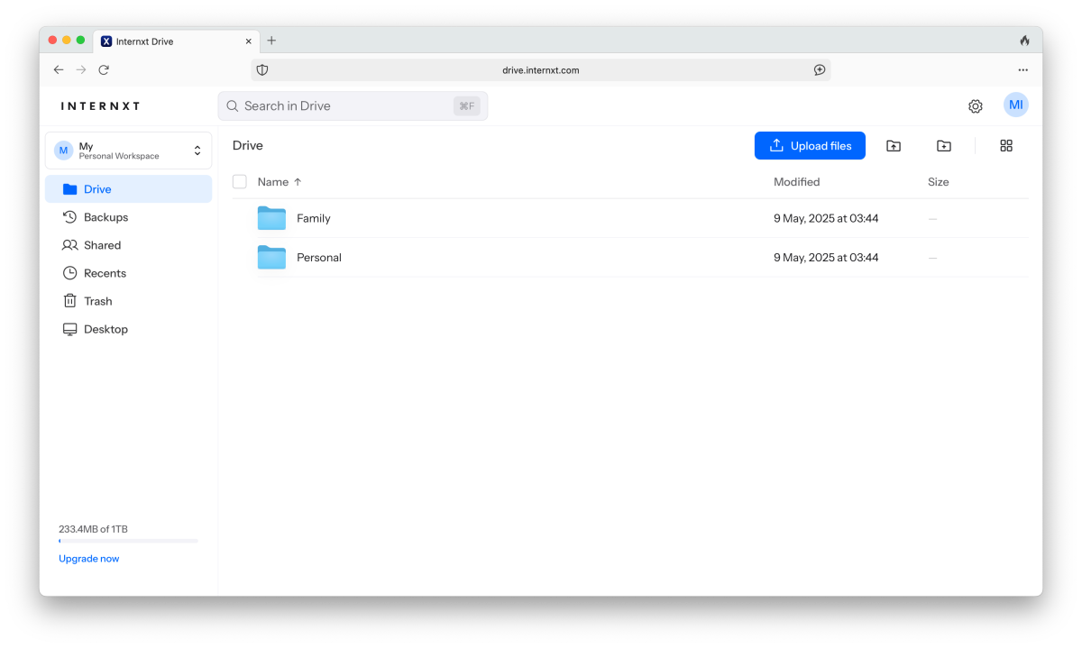 The clean and user-friendly web interface of Internxt Drive, showing Drive, Backup, and Antivirus sections.