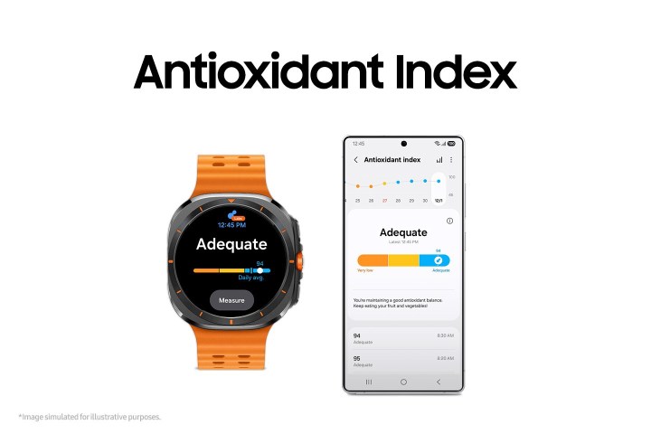 Samsung Galaxy Watch interface for One UI 8 Watch showcasing the Antioxidant Index measurement tool for skin carotenoids