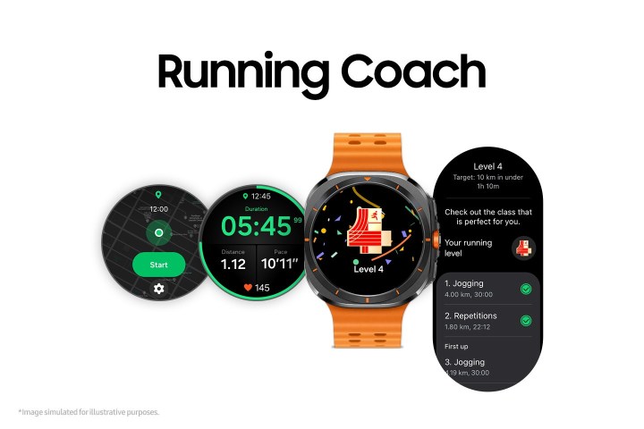 Galaxy Watch Running Coach feature in One UI 8 Watch displaying running level and personalized training plan options
