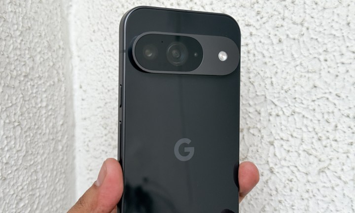Close-up of the Google Pixel 9 distinctive rear camera bar design showcasing its premium build.