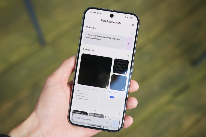 Google Pixel 9 screen displaying the AI-powered Pixel Screenshots app interface for smart editing.