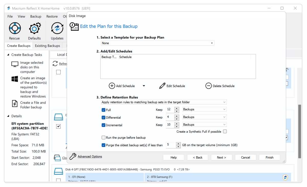 Macrium Reflect X advanced backup schedule with full, incremental, and differential options