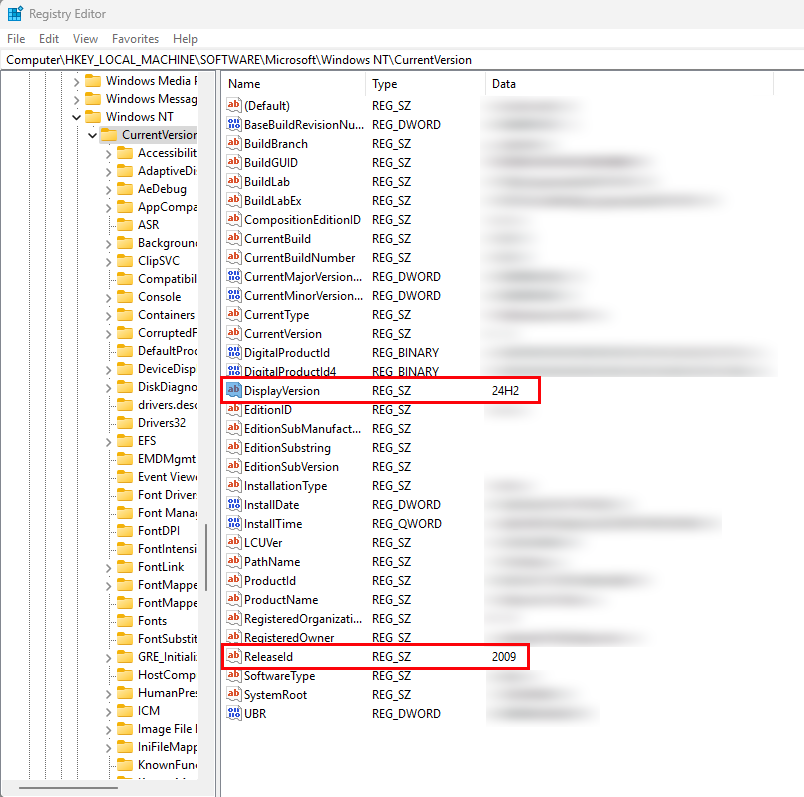 Windows Registry Editor showing CurrentVersion details with ReleaseId and DisplayVersion.