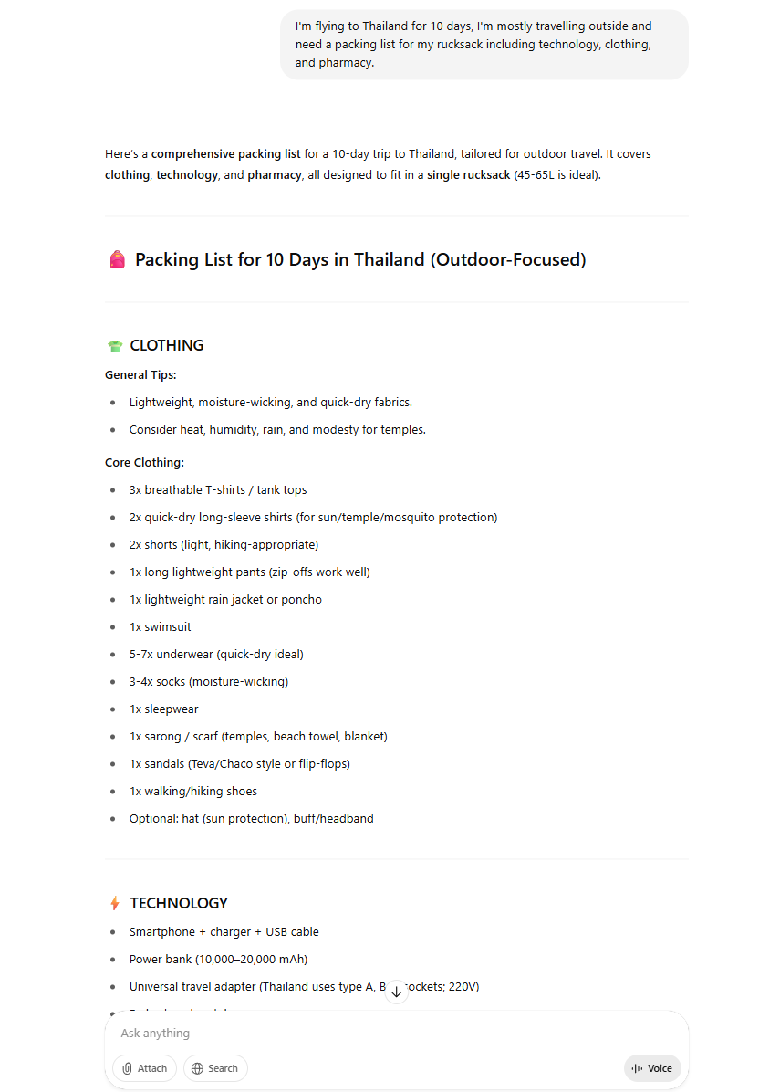 A conceptual image of a ChatGPT-generated packing checklist for a 10-day Thailand adventure, showcasing AI for travel preparation.