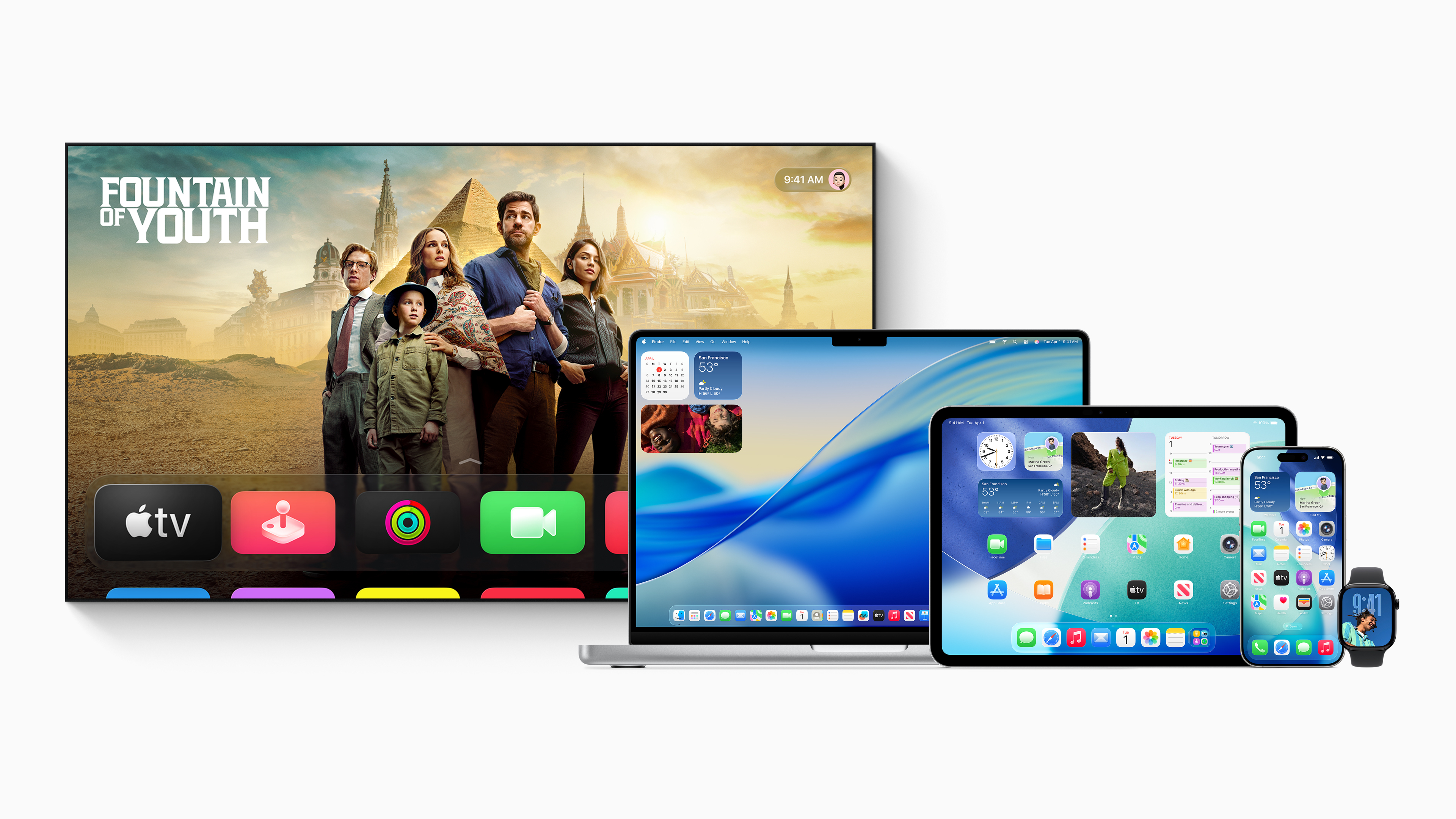 Apple's new Liquid Glass design aesthetic showcased across a TV, Mac, iPad, iPhone, and Apple Watch