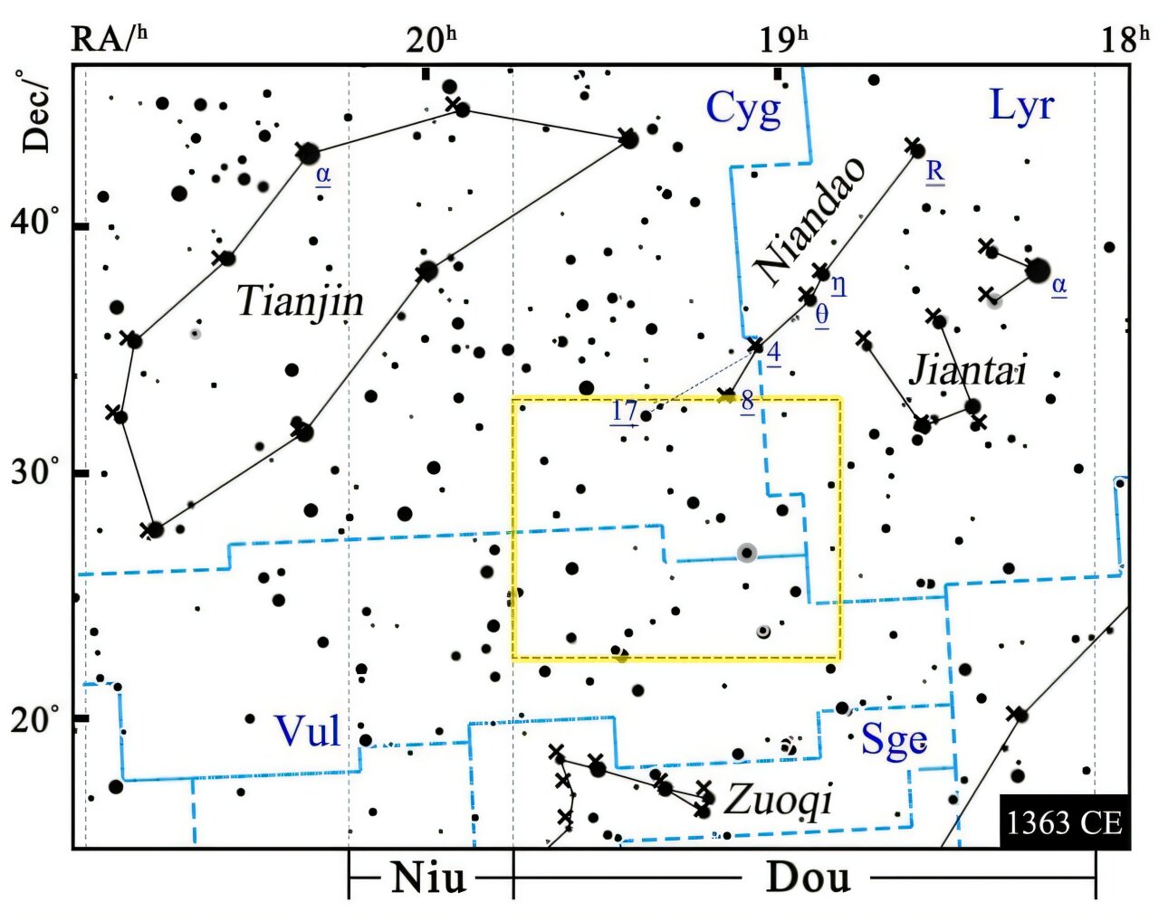 Astronomical chart pinpointing the search area for the 1408 guest star within the Niandao asterism, encompassing constellations Cygnus and Vulpecula.