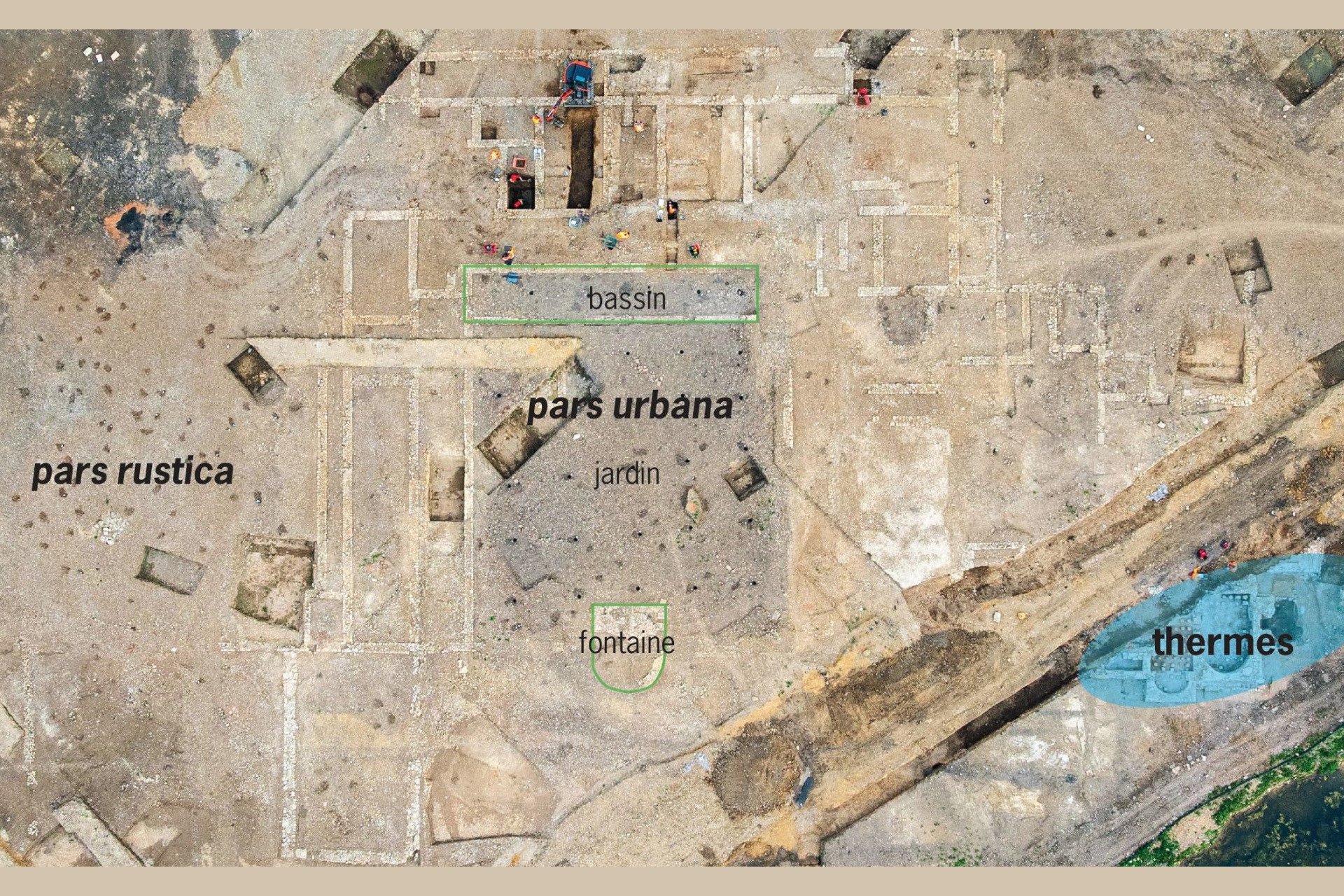 Aerial view of the sprawling Auxerre Roman villa excavation site, showcasing outlines of gardens, basins, and thermal baths.