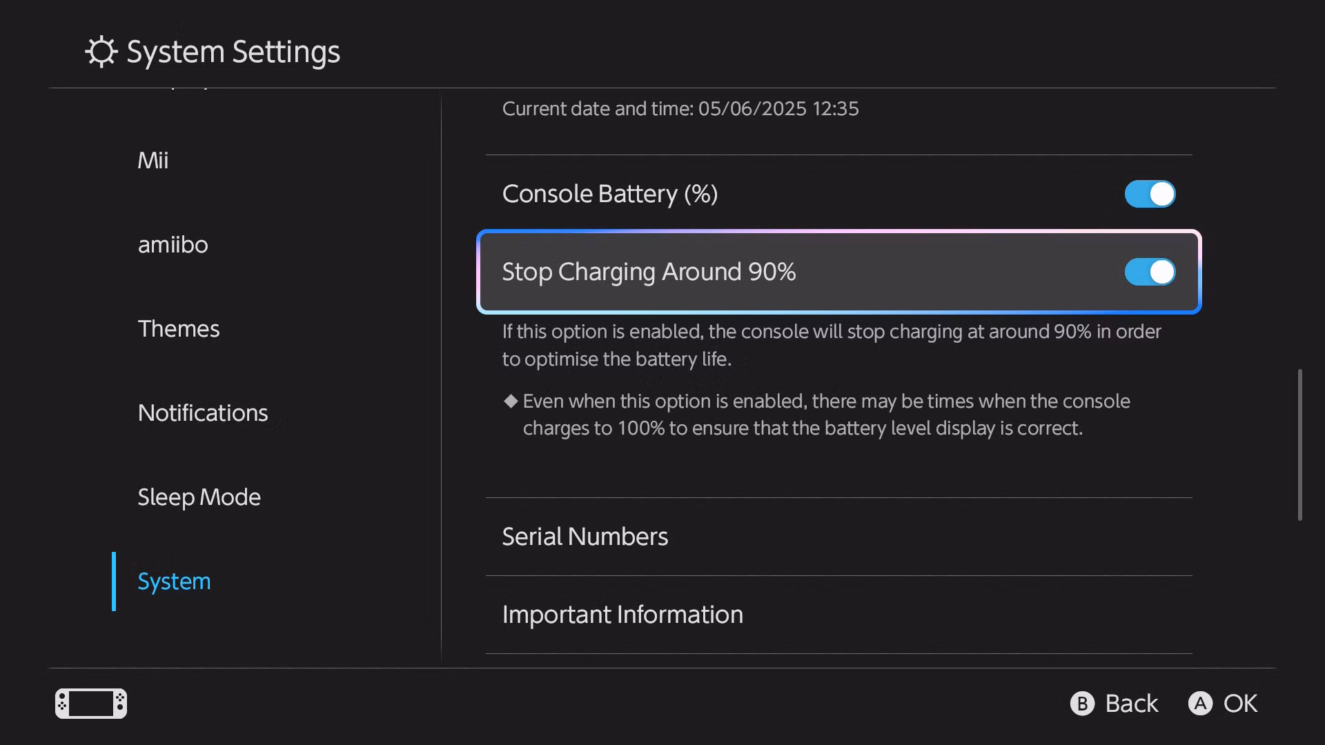 Nintendo Switch 2 system settings menu showing the 'Stop Charging Around 90%' battery preservation option highlighted.