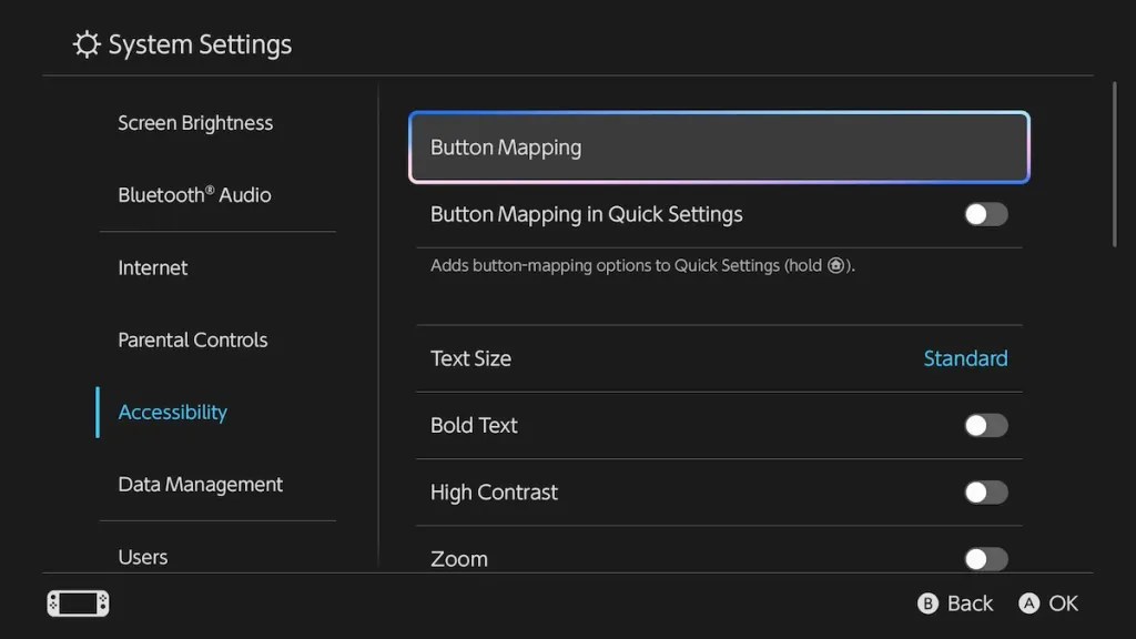 Nintendo Switch 2 controller settings displaying the button mapping interface for reconfiguring controls.