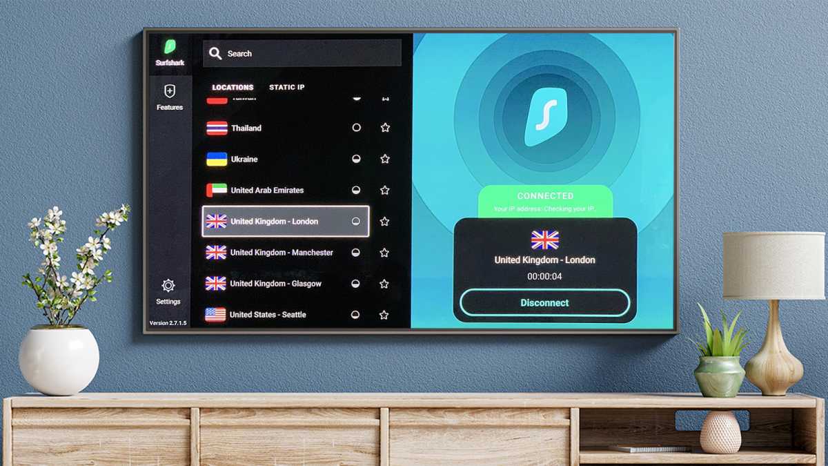 A television screen displaying a VPN app interface, such as Surfshark, connected on a Fire TV Stick, illustrating a successful VPN setup for secure streaming.