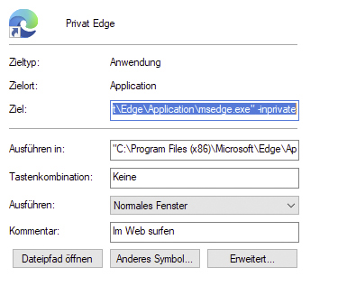 Modifying a browser shortcut's Target field to enable one-click private mode launch