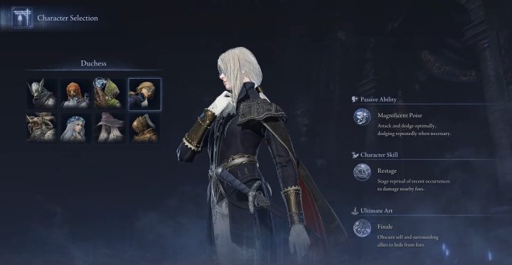 Visual of the Duchess class character model in Elden Ring: Nightreign showcasing her elegant attire and unlockable status.