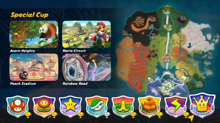 Mario Kart World Special Cup track list with Rainbow Road highlighted as the final course to unlock.