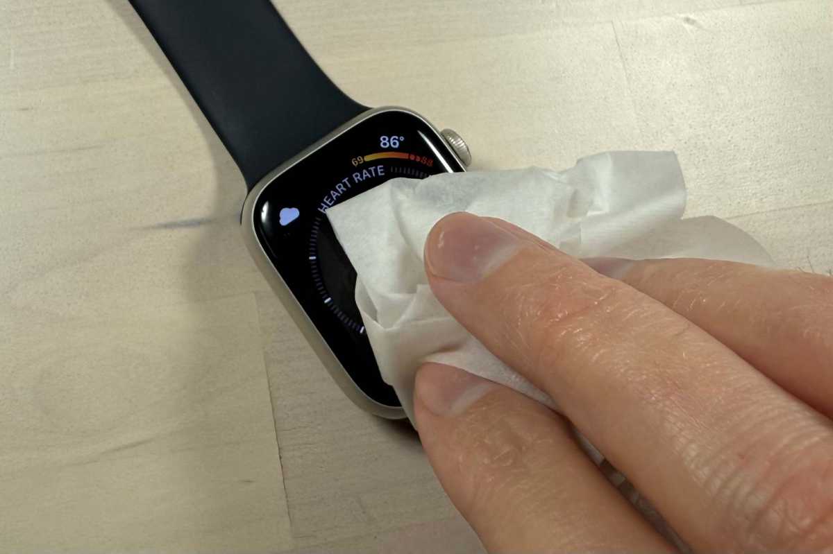 CareTouch lens wipe effectively cleaning a smudged Apple Watch screen for a clear display.