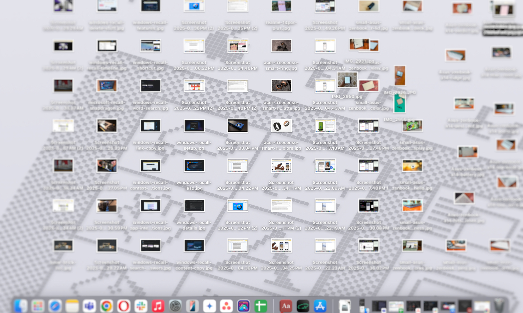 Cluttered macOS desktop with various files and folders scattered across the screen.