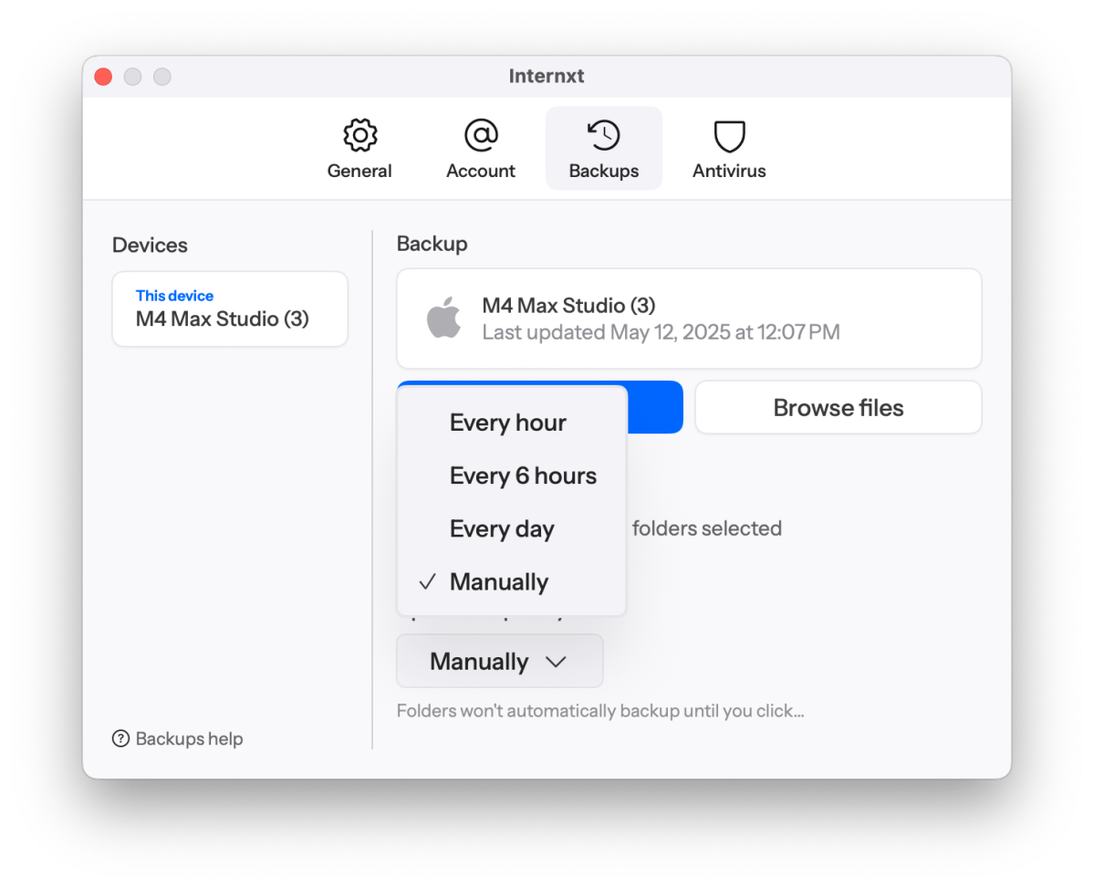 Internxt Drive's backup scheduling interface on macOS, showing options for hourly backups.