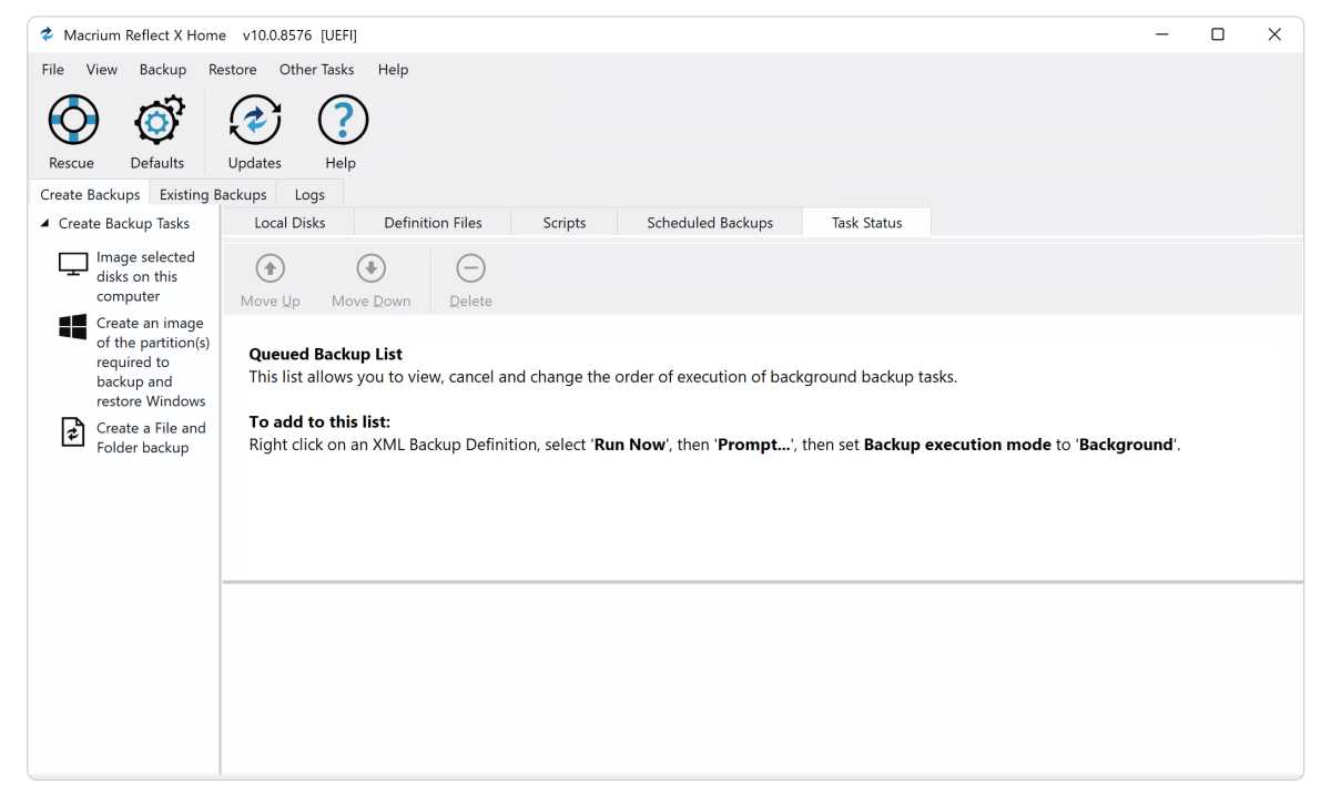 Macrium Reflect X interface showcasing backup creation options