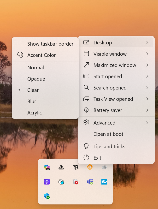 TranslucentTB settings menu showing options for customizing Windows 11 taskbar transparency.