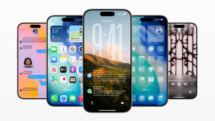 Multiple iPhone screens showcasing the new iOS 26 Liquid Glass redesign features and interface.