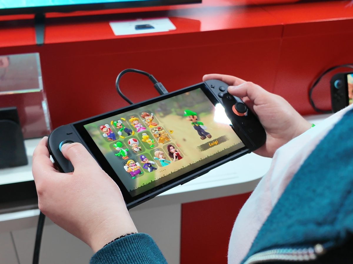 Close-up of the Nintendo Switch 2 console showcasing its design and build quality during a hands-on.