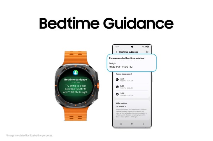 Galaxy Watch screens displaying One UI 8 Watch Bedtime Guidance feature with sleep score and bedtime suggestions