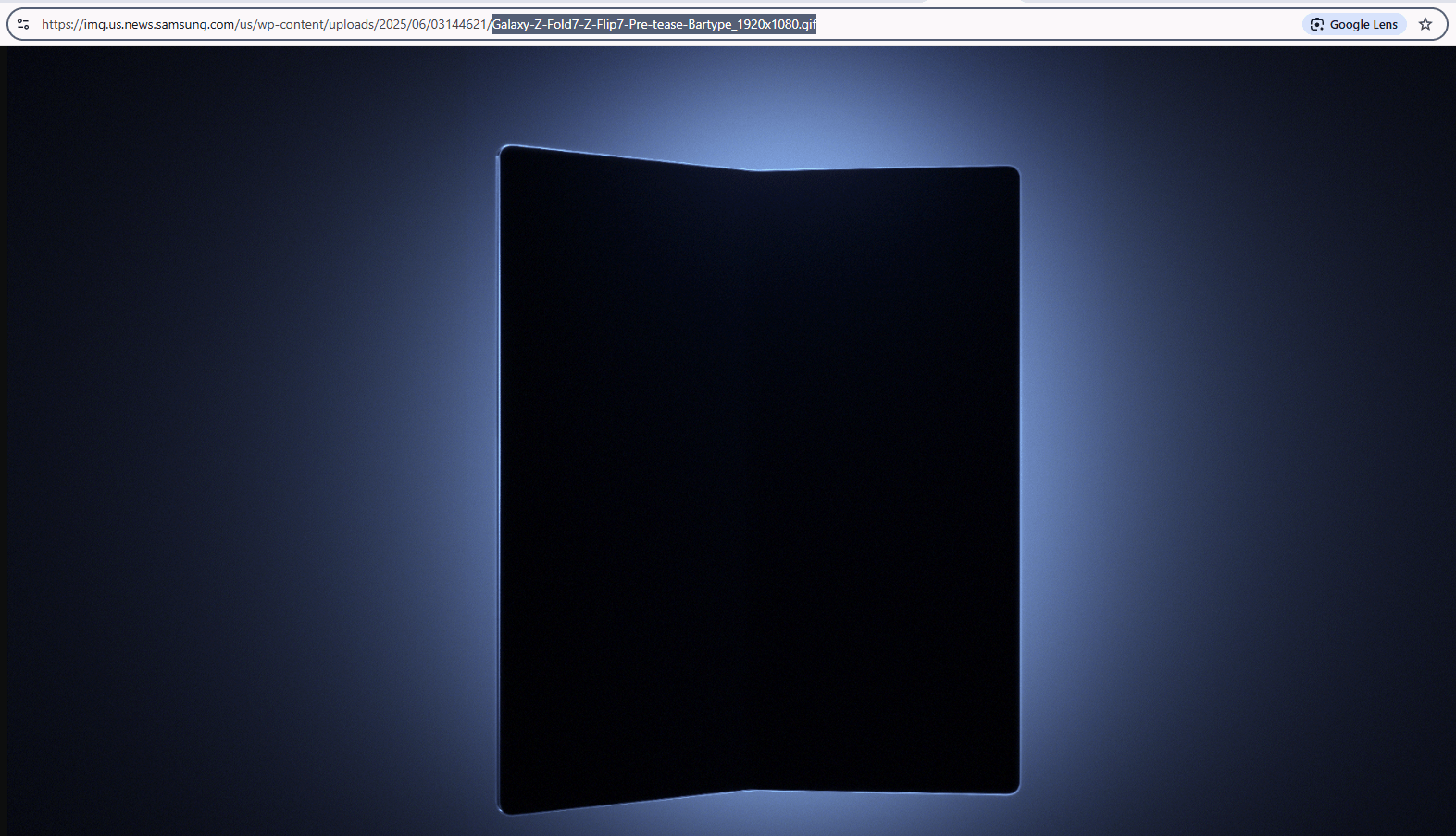 Browser URL bar showing Samsung GIF file name revealing Galaxy Z Fold 7 and Z Flip 7