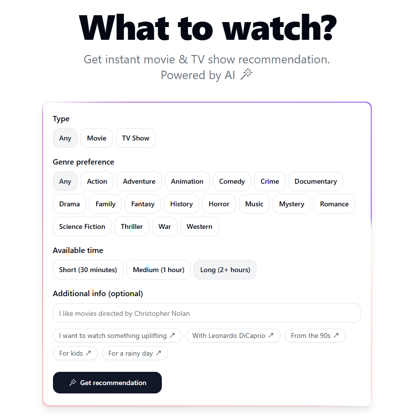 Streamin AI interface showing input fields for type, genre, length, and description for personalized TV show and movie recommendations
