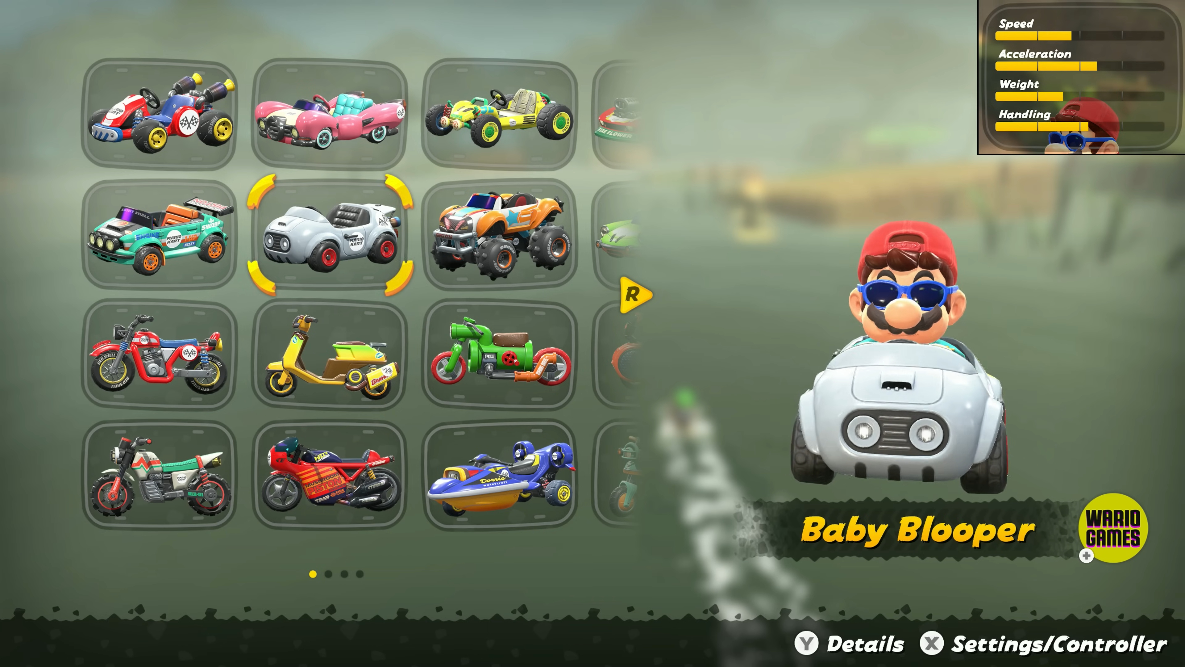Mario racing in the silver Baby Blooper kart, highlighted as the best overall kart in Mario Kart World.