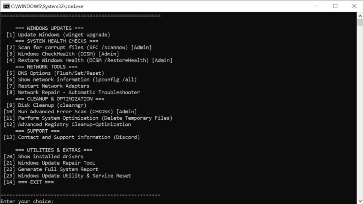 Windows Maintenance Tool command-line interface displaying numbered system utility options