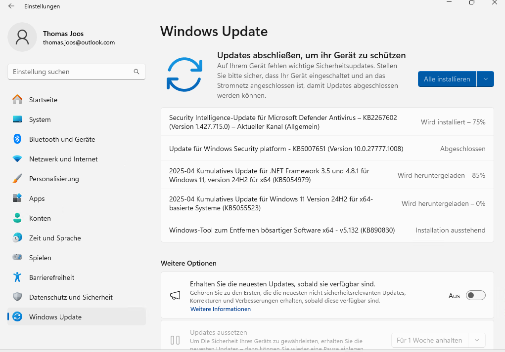 Windows 11 settings screen showing the Windows Update section with a prompt to install security updates.