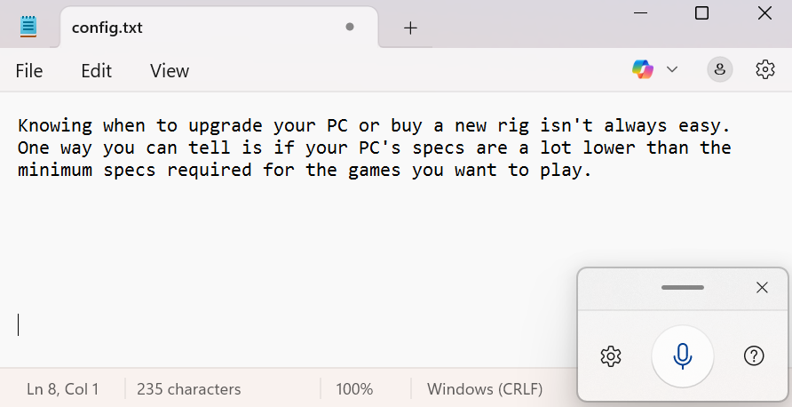Windows 11 Voice Typing interface active over Notepad, demonstrating speech-to-text functionality with microphone icon highlighted.