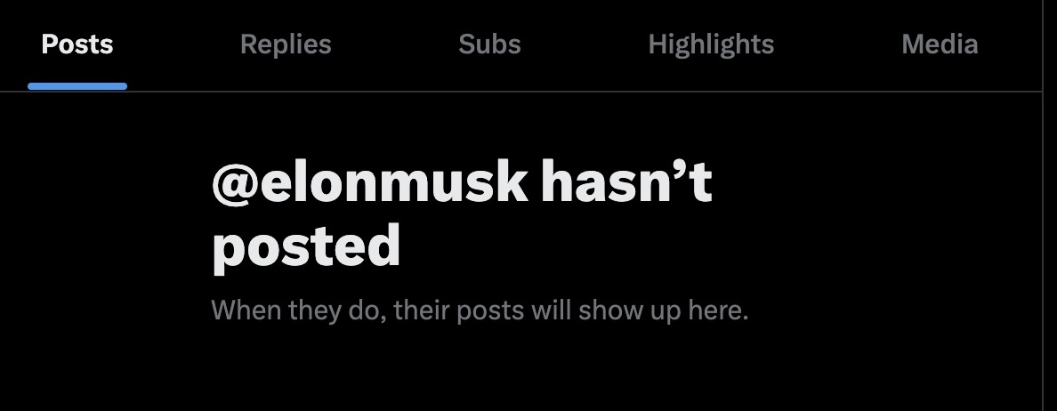 Elon Musk's X profile page showing a blank feed and 'user hasn't posted' message during the recent X platform outage.